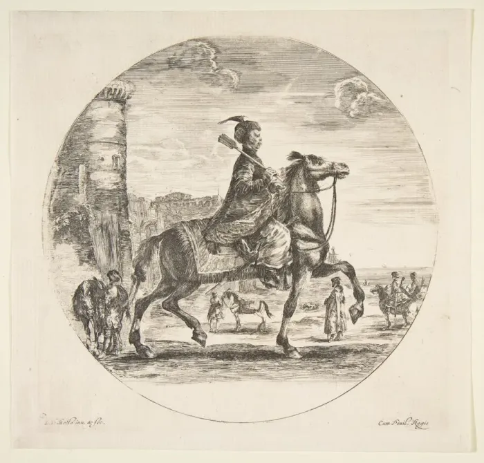 Framed Print : Polish horseman in profile facing right, a tower and other figures on horses in backgr Framed Print : Polish horseman in profile facing right, a tower and other figures on horses in backgr