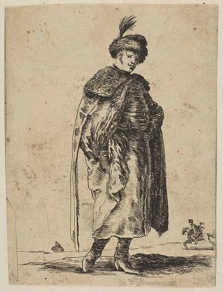 Polish man with a mustache wearing a fur coat and a hat with a feather, ca. 1648