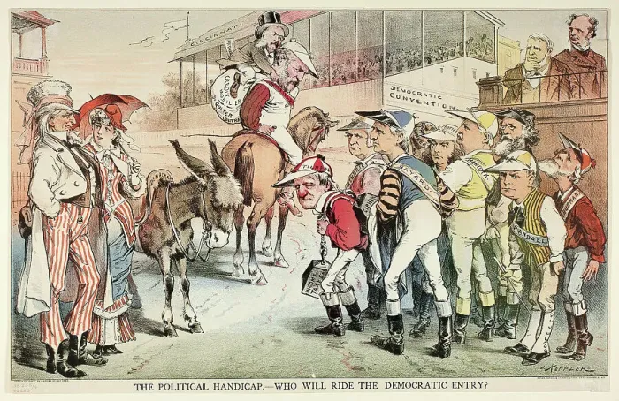 Framed Print : The Political Handicap, from Puck, n.d. Creator: Joseph Keppler Framed Print : The Political Handicap, from Puck, n.d. Creator: Joseph Keppler