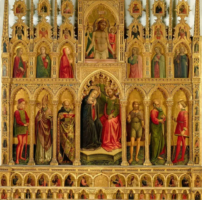 Framed Print : Polittico di Montelparo: The Coronation of the Virgin, 1466. Creator: Alunno, Niccolò (1430-1502) Framed Print : Polittico di Montelparo: The Coronation of the Virgin, 1466. Creator: Alunno, Niccolò (1430-1502)