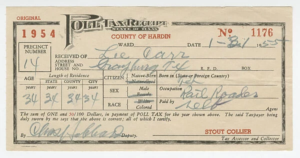 Poll tax receipt for Lee Carr from Hardin County, Texas, 1955. Creator: Unknown