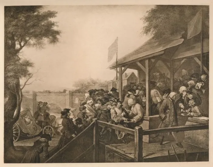 Framed Print : The Polling, Plate III from The Humours of an Election, 1757. Artist: William Hogarth Framed Print : The Polling, Plate III from The Humours of an Election, 1757. Artist: William Hogarth
