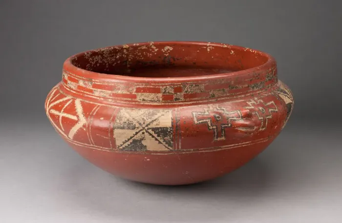 Framed Print : Polychrome Bowl with Geometric Designs and Face in Relief on Shoulder, c. 400 B. C Framed Print : Polychrome Bowl with Geometric Designs and Face in Relief on Shoulder, c. 400 B. C