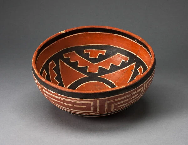 Polychrome Bowl with Geometric Star Motif on Interior and Interloking Scroll on Exterio