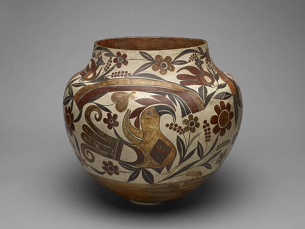 Polychrome Jar with Rainbow, Macaw, and Floral Motifs, 1880s. Creator: Unknown