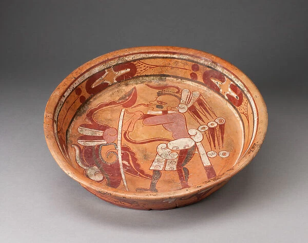 Polychrome Plate Depicting a Standing Figure with Ornate Speach-Scroll, A. D. 600  /  900
