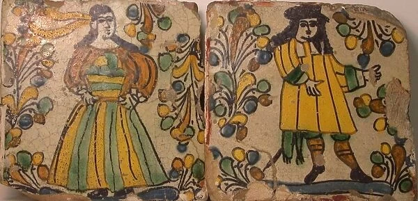 Polychrome Tiles Depicting Male and Female Figures in Contemporary Dress Surrounded