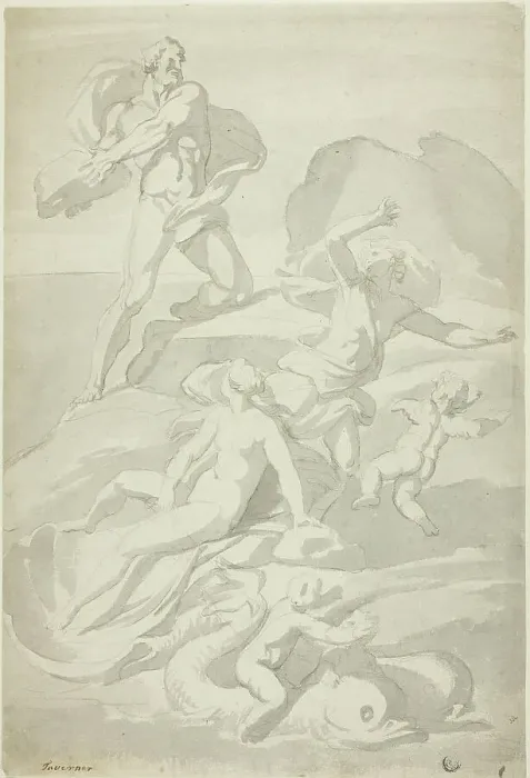 Framed Print : Polyphemus Throwing Boulder at Acis, with Galatea (recto), and Pholyphemus Lifting Boulder (verso). Creator: William Taverner Framed Print : Polyphemus Throwing Boulder at Acis, with Galatea (recto), and Pholyphemus Lifting Boulder (verso). Creator: William Taverner