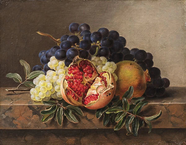 Pomegranates and green and blue grapes on a marble frame, 1833. Creator: Jensen, Johan Laurentz