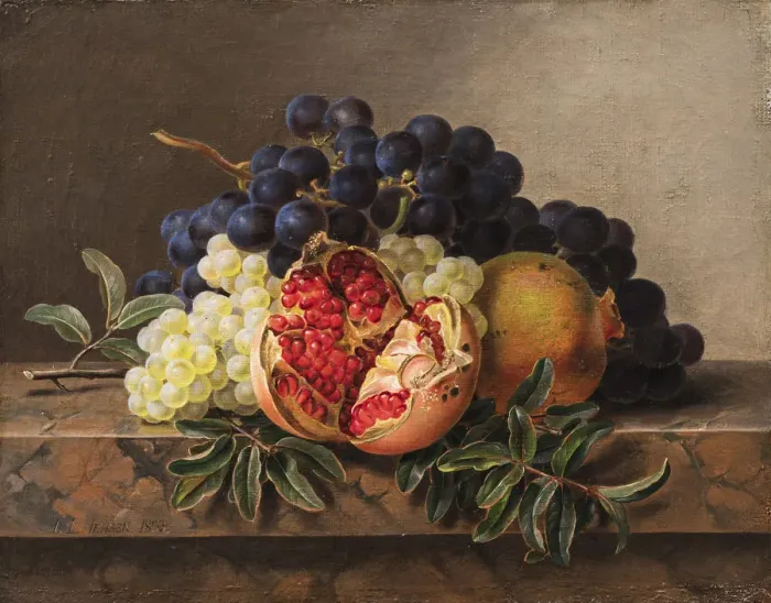 Framed Print : Pomegranates and green and blue grapes on a marble frame, 1833. Creator: Jensen, Johan Laurentz Framed Print : Pomegranates and green and blue grapes on a marble frame, 1833. Creator: Jensen, Johan Laurentz