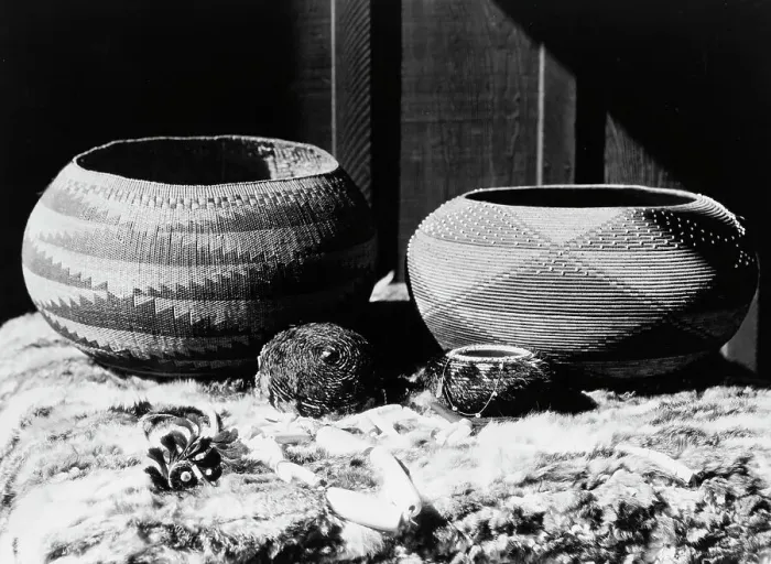 Framed Print : Pomo baskets and magnesite beads, 1924, c1924. Creator: Edward Sheriff Curtis Framed Print : Pomo baskets and magnesite beads, 1924, c1924. Creator: Edward Sheriff Curtis