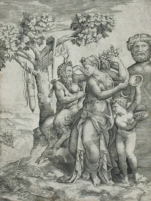 Framed Print : Pomona and Pan, 1550s. Creator: Giulio Bonasone Framed Print : Pomona and Pan, 1550s. Creator: Giulio Bonasone