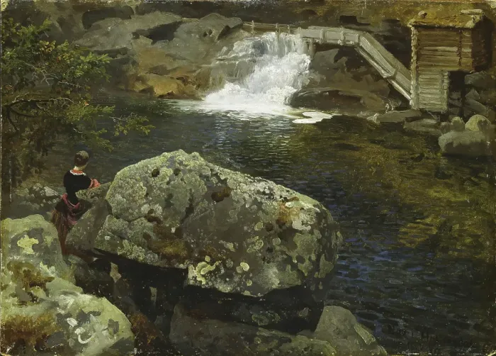 Framed Print : By the Mill Pond, 1850. Creator: Hans Gude Framed Print : By the Mill Pond, 1850. Creator: Hans Gude