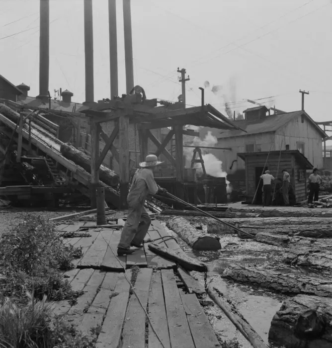 Framed Print : Pond monkey guides... Pelican Bay Lumber Company mill, Klamath Falls, Oregon, 1939. Creator: Dorothea Lange Framed Print : Pond monkey guides... Pelican Bay Lumber Company mill, Klamath Falls, Oregon, 1939. Creator: Dorothea Lange