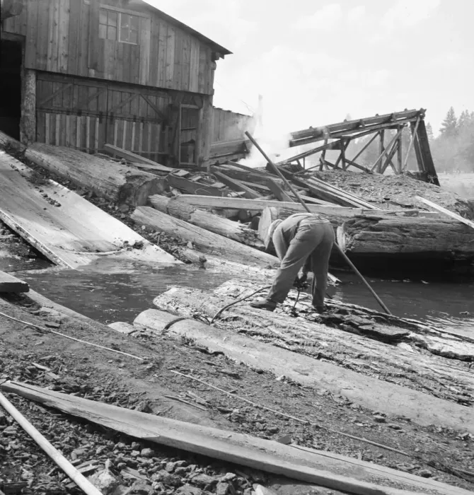 Framed Print : Pond monkey steers log raft in mill pond, Keno, Klamath County, Oregon, 1939. Creator: Dorothea Lange Framed Print : Pond monkey steers log raft in mill pond, Keno, Klamath County, Oregon, 1939. Creator: Dorothea Lange