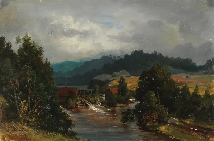 Framed Print : A mill pond in a river landscape, 1870-1879. Creator: Johan Knutson Framed Print : A mill pond in a river landscape, 1870-1879. Creator: Johan Knutson