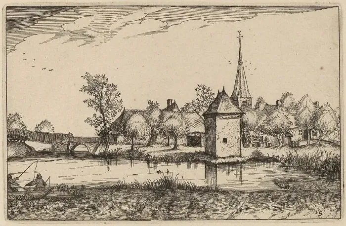 Framed Print : Pond and a Village, published 1612. Creator: Claes Jansz Visscher Framed Print : Pond and a Village, published 1612. Creator: Claes Jansz Visscher