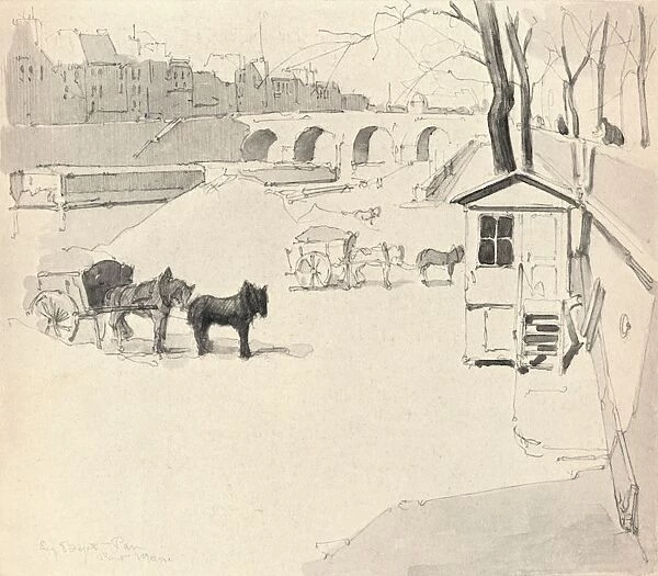 The Pont Marie - Horses and Carts, 1915. Artist: Eugene Bejot