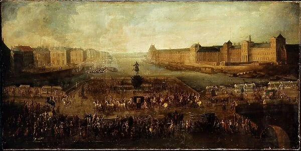 Pont-Neuf, seen from entrance to Place Dauphine, the Malaquais quay with... between 1660 and 1670. Creator: Unknown