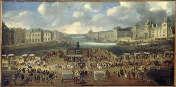Framed Print : Pont-Neuf, seen from entrance to Place Dauphine, the Malaquais quay... around 1669. Creator: Unknown