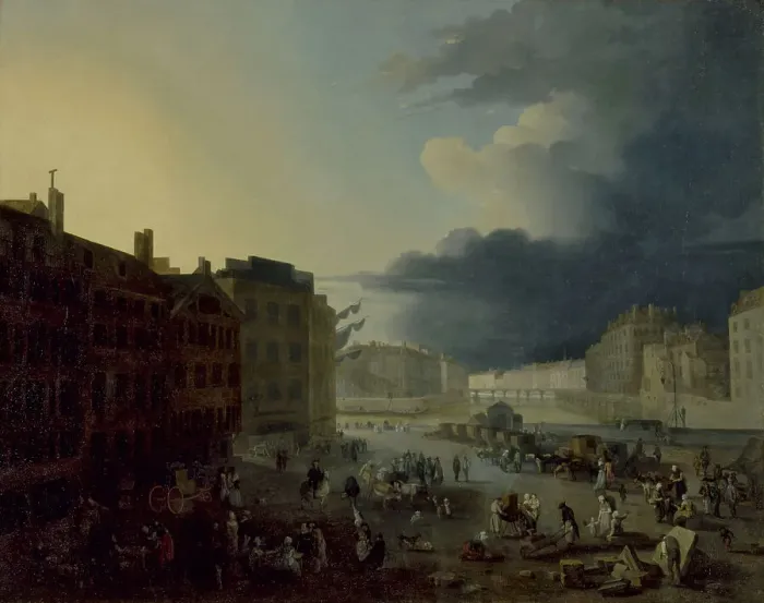 Framed Print : Pont Rouge and the tip of ile Saint-Louis and ile de la Cite, seen from the Port au Ble, 1791. Creator: Jacques-Albert Senave Framed Print : Pont Rouge and the tip of ile Saint-Louis and ile de la Cite, seen from the Port au Ble, 1791. Creator: Jacques-Albert Senave