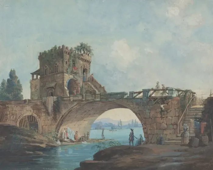 Framed Print : The Ponte Salario with Laundresses, c. 1780. Creator: Unknown Framed Print : The Ponte Salario with Laundresses, c. 1780. Creator: Unknown
