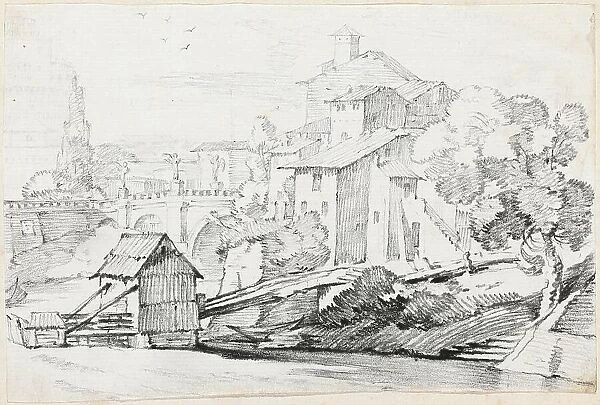 The Ponte Sant'Angelo and Houses on the East Bank of the Tiber, 1744 / 1750. Creator: Joseph-Marie Vien the Elder