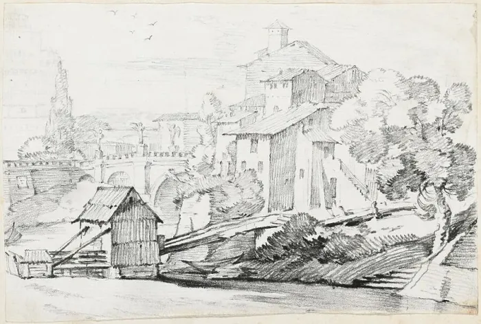 Framed Print : The Ponte Sant'Angelo and Houses on the East Bank of the Tiber, 1744 / 1750. Creator: Joseph-Marie Vien the Elder Framed Print : The Ponte Sant'Angelo and Houses on the East Bank of the Tiber, 1744 / 1750. Creator: Joseph-Marie Vien the Elder