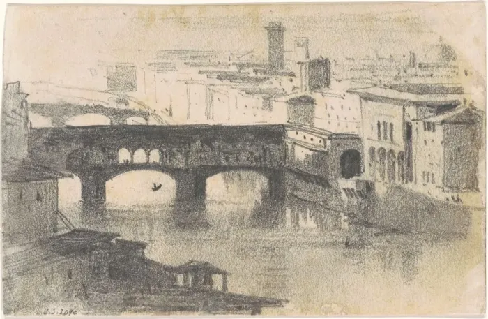 Framed Print : Ponte Vecchio, Florence [recto], 1870-1872. Creator: John Singer Sargent