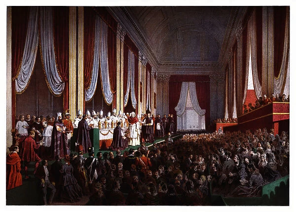 Pontifical ceremonies. Cardinals Dinner. Color engraving from 1871