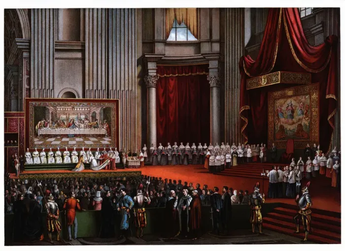 Framed Print : Pontifical ceremonies. Cardinals pedilavium, color engraving, 1871 Framed Print : Pontifical ceremonies. Cardinals pedilavium, color engraving, 1871