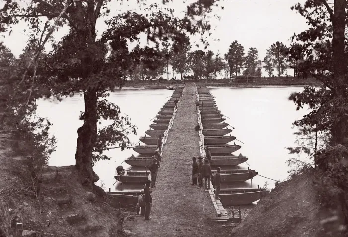 Framed Print : Pontoon Bridge at Deep Bottom, James River, 1864. Creator: Andrew Joseph Russell Framed Print : Pontoon Bridge at Deep Bottom, James River, 1864. Creator: Andrew Joseph Russell