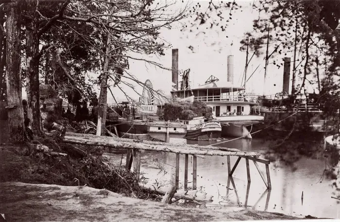 Framed Print : Pontoon Bridge at Deep Bottom, James River, 1864. Creator: Andrew Joseph Russell Framed Print : Pontoon Bridge at Deep Bottom, James River, 1864. Creator: Andrew Joseph Russell