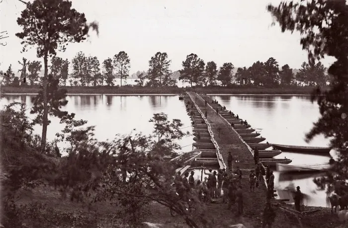 Framed Print : Pontoon bridge across James River, ca. 1864. Creator: William Frank Browne Framed Print : Pontoon bridge across James River, ca. 1864. Creator: William Frank Browne