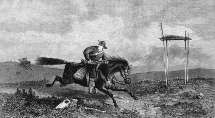 Framed Print : Pony Express rider crossing hostile country pursued by native Americans, 1861 Framed Print : Pony Express rider crossing hostile country pursued by native Americans, 1861