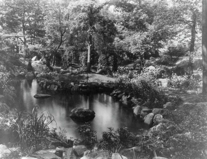 Framed Print : Pool in garden of estate of George F. Baker, Tuxedo, New York, c1915. Creator: Frances Benjamin Johnston Framed Print : Pool in garden of estate of George F. Baker, Tuxedo, New York, c1915. Creator: Frances Benjamin Johnston