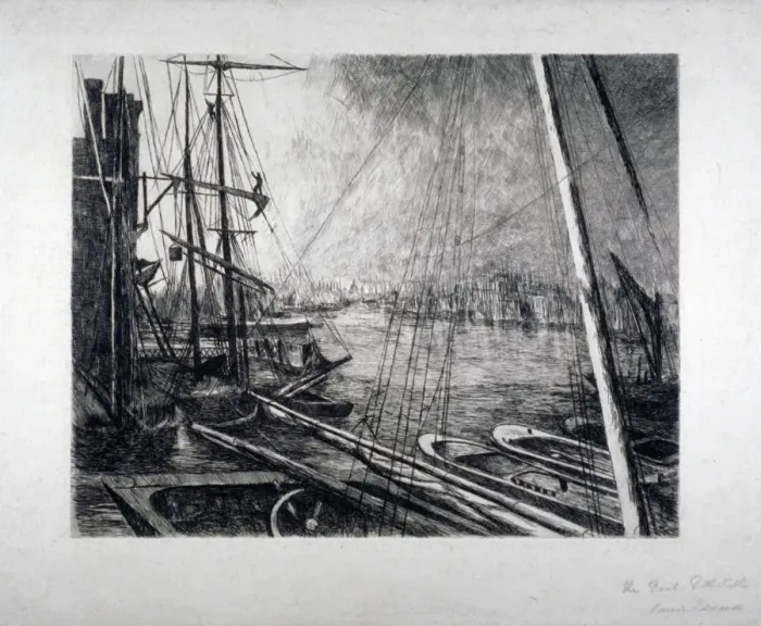 Framed Print : Pool of London from Rotherhithe, with ships in the foreground, c1890. Artist Framed Print : Pool of London from Rotherhithe, with ships in the foreground, c1890. Artist