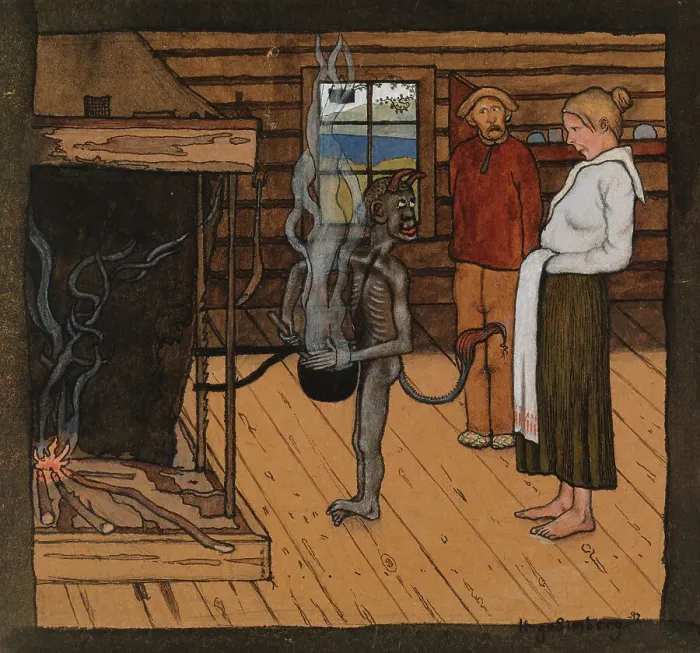 Framed Print : The Poor Devil by the Fire; The Devil by the Pot, 1897. Creator: Hugo Simberg Framed Print : The Poor Devil by the Fire; The Devil by the Pot, 1897. Creator: Hugo Simberg