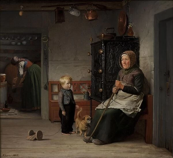 A poor woman waiting for a mug of beer in a farmhouse, 1852. Creator: Julius Exner