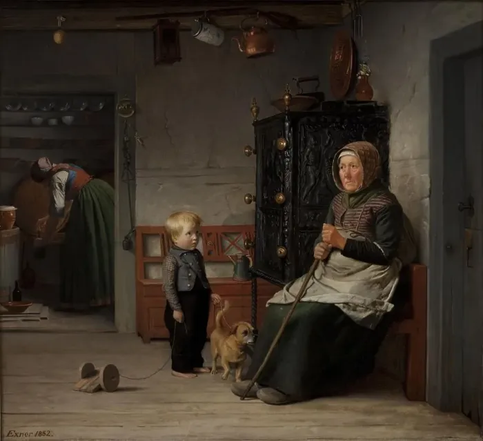 Framed Print : A poor woman waiting for a mug of beer in a farmhouse, 1852. Creator: Julius Exner Framed Print : A poor woman waiting for a mug of beer in a farmhouse, 1852. Creator: Julius Exner