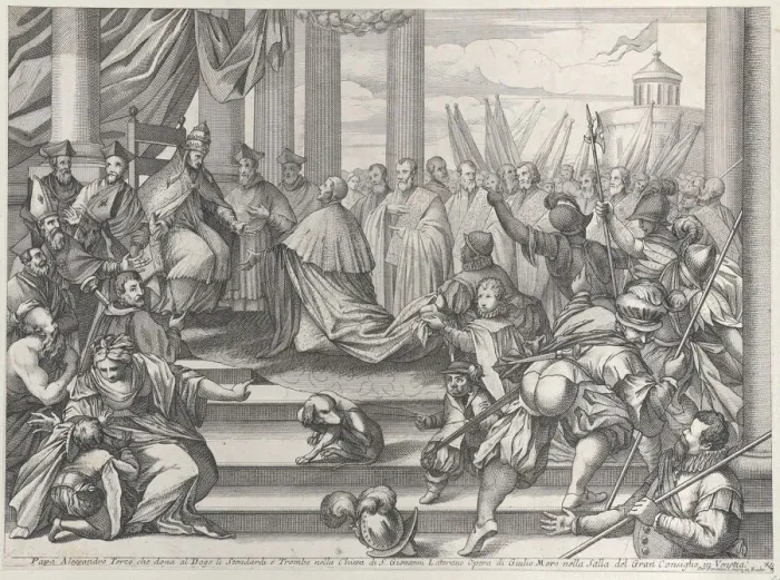 Framed Print : Pope Alexander III presents Doge Ziani with standards and bugles after his defeat of H... ca. 1720. Creator: Anon Framed Print : Pope Alexander III presents Doge Ziani with standards and bugles after his defeat of H... ca. 1720. Creator: Anon