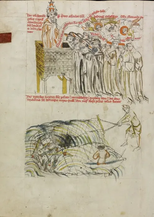 Framed Print : Pope Clement Entering Saint Hedwig's Name on the Register of Saints; Men Fishing in a Pond... 1353. Creator: Unknown Framed Print : Pope Clement Entering Saint Hedwig's Name on the Register of Saints; Men Fishing in a Pond... 1353. Creator: Unknown