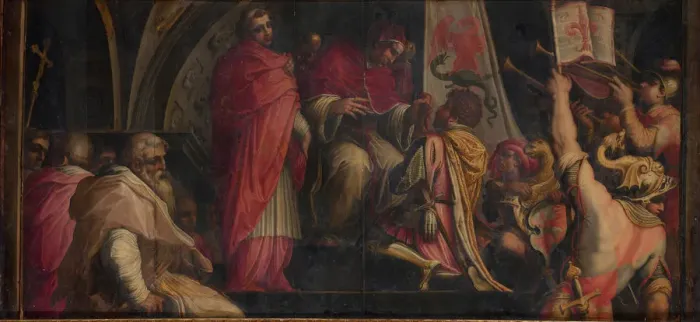 Framed Print : Pope Clement IV hands his insigna to the captains of the Guelph Party, 1563-1565. Artist: Vasari, Giorgio (1511-1574) Framed Print : Pope Clement IV hands his insigna to the captains of the Guelph Party, 1563-1565. Artist: Vasari, Giorgio (1511-1574)