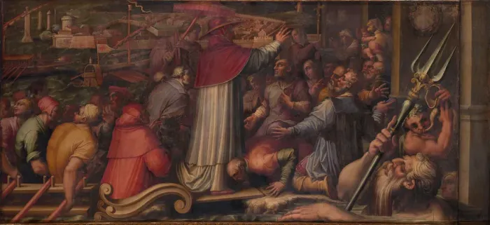 Framed Print : Pope Eugene IV disembarks at Leghorn to take refuge in Florence, 1563-1565. Artist: Vasari, Giorgio (1511-1574) Framed Print : Pope Eugene IV disembarks at Leghorn to take refuge in Florence, 1563-1565. Artist: Vasari, Giorgio (1511-1574)