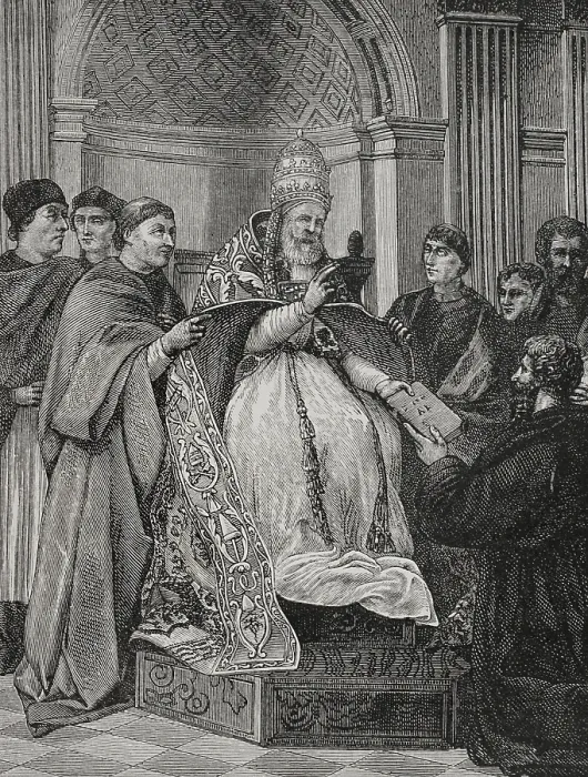 Framed Print : Pope Gregory IX, (1170-1241) receiving the Decretals compiled by Saint Raymond of Penafort, 1877. Creator: Jules Jean Marie Joseph Huyot Framed Print : Pope Gregory IX, (1170-1241) receiving the Decretals compiled by Saint Raymond of Penafort, 1877. Creator: Jules Jean Marie Joseph Huyot