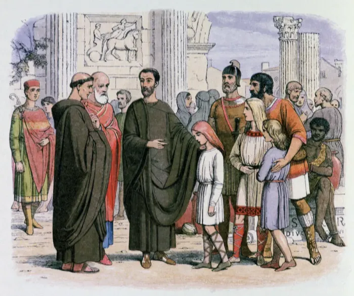 Framed Print : Pope Gregory in Rome seeing blonde slaves, 19th century. Artist: James William Edmund Doyle Framed Print : Pope Gregory in Rome seeing blonde slaves, 19th century. Artist: James William Edmund Doyle