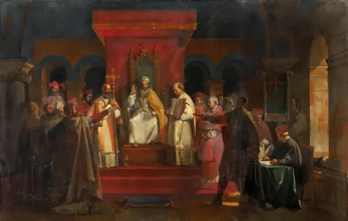 Framed Print : Pope Honorius II granting official recognition to the Knights Templar in 1128. Artist: Granet, Francois Marius (1775-1849) Framed Print : Pope Honorius II granting official recognition to the Knights Templar in 1128. Artist: Granet, Francois Marius (1775-1849)
