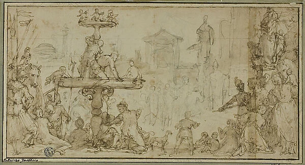 A Pope Receiving a Dignitary in a Public Place (recto) Caricatures of Heads (verso), c.1582. Creator: Federico Zuccaro