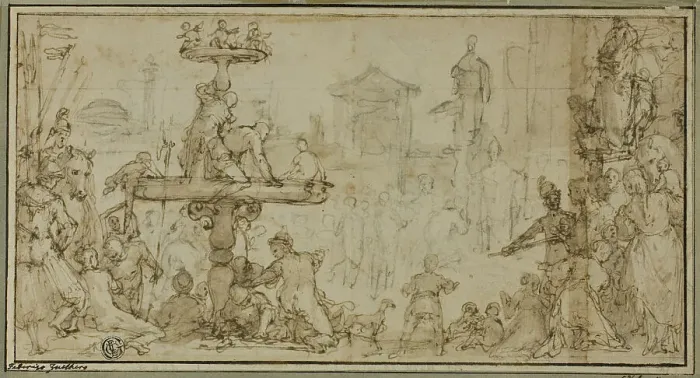 Framed Print : A Pope Receiving a Dignitary in a Public Place (recto) Caricatures of Heads (verso), c.1582. Creator: Federico Zuccaro Framed Print : A Pope Receiving a Dignitary in a Public Place (recto) Caricatures of Heads (verso), c.1582. Creator: Federico Zuccaro
