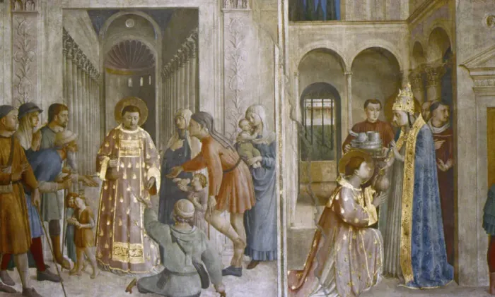 Framed Print : Pope Sixtus II gives church treasure to St Laurence, mid 15th century. Artist: Fra Angelico Framed Print : Pope Sixtus II gives church treasure to St Laurence, mid 15th century. Artist: Fra Angelico
